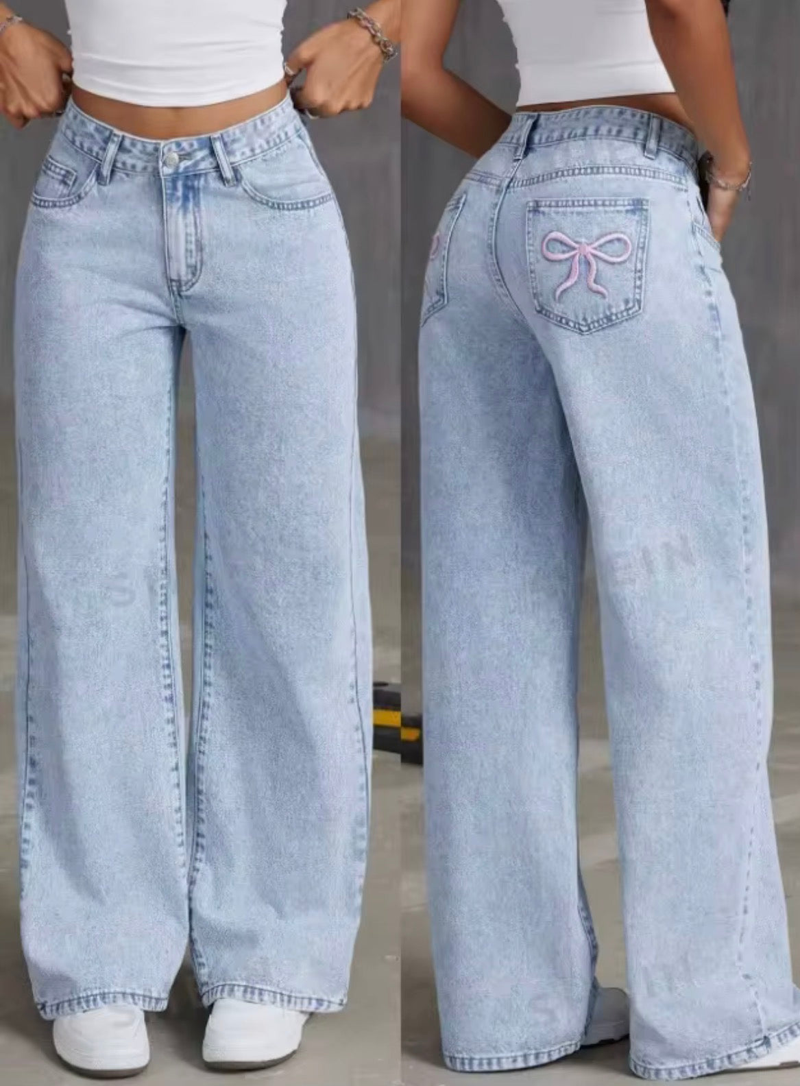A side-by-side view of a model wearing light-wash wide-leg denim jeans, showing the front and back. The back view highlights a decorative pink bow embroidered on the back pocket.